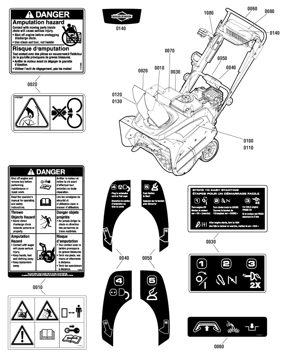 Decals Group Diagram and Parts List for 922S (1696162-00)(2012) Briggs and Stratton Snow Blower